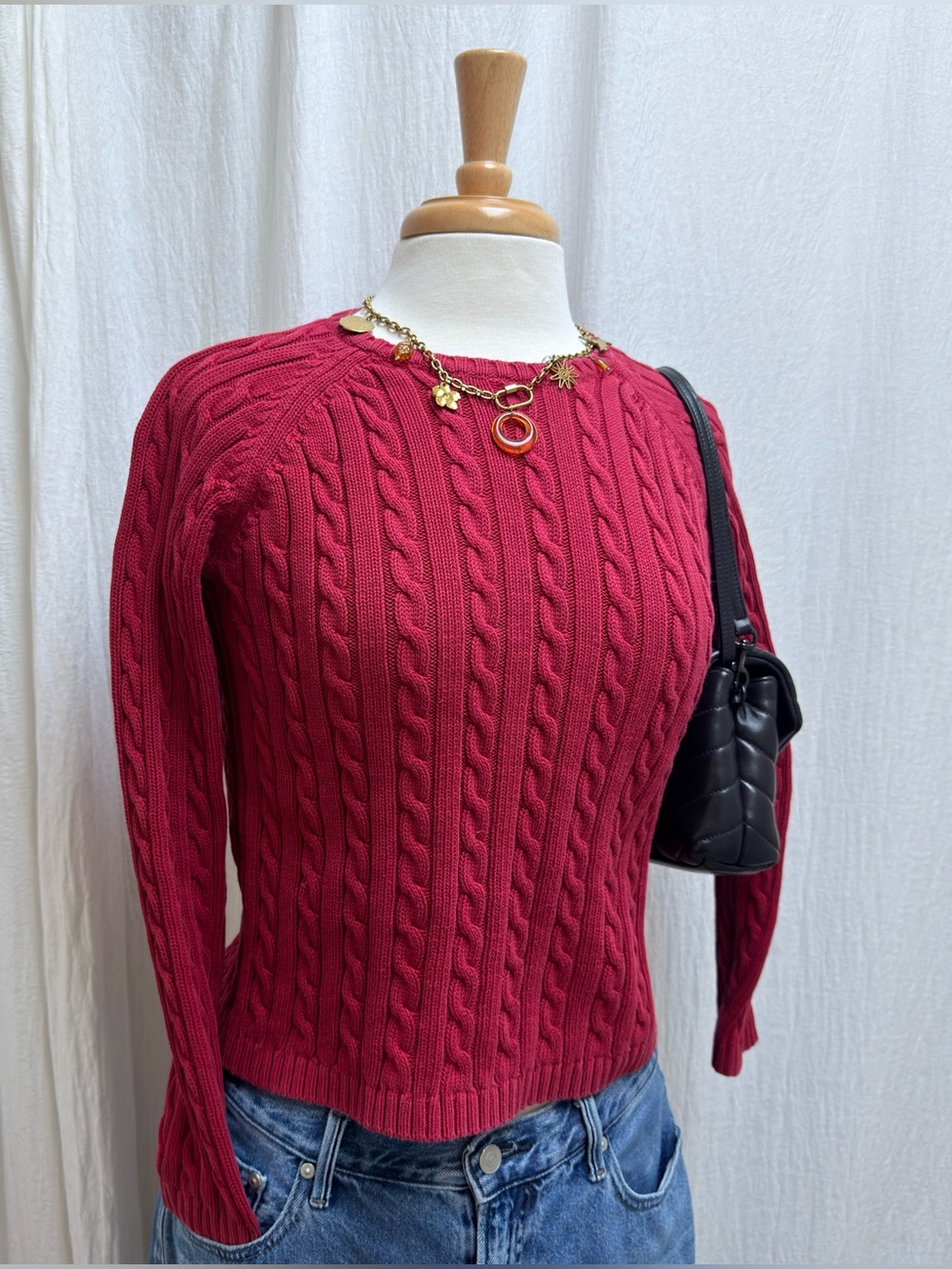 Vintage 90s L.L. Bean cable knit crewneck sweater • cranberry red ❀